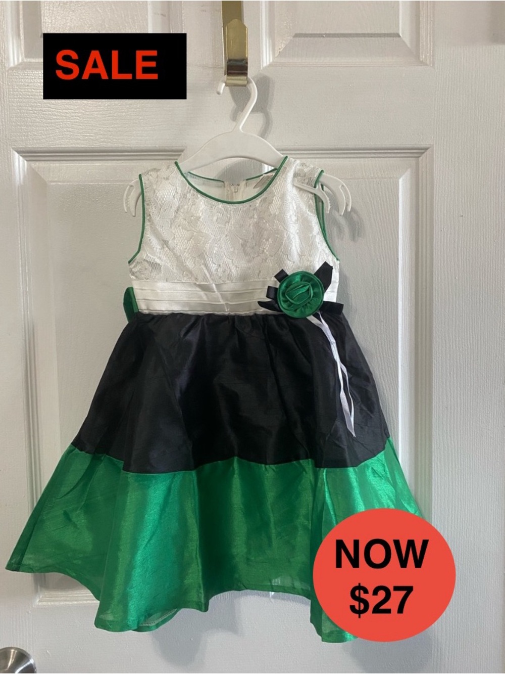 Toddler Girls Special Occasion Holiday Dress 3T -Green & Black Color-Block